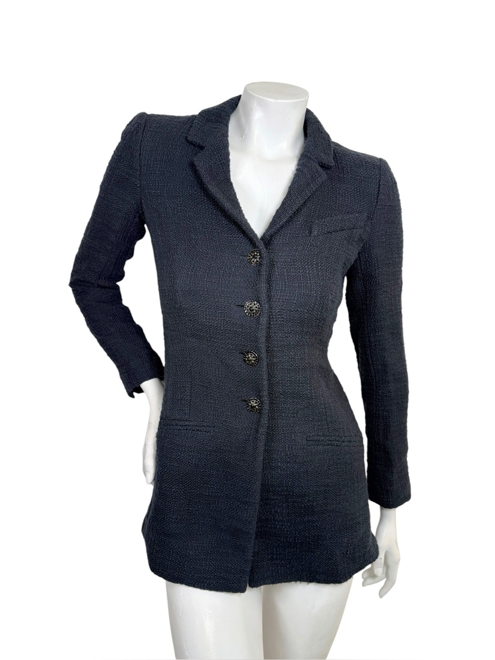 Chanel Black Bouclé Longline CC Button Blazer Jacket FR38
